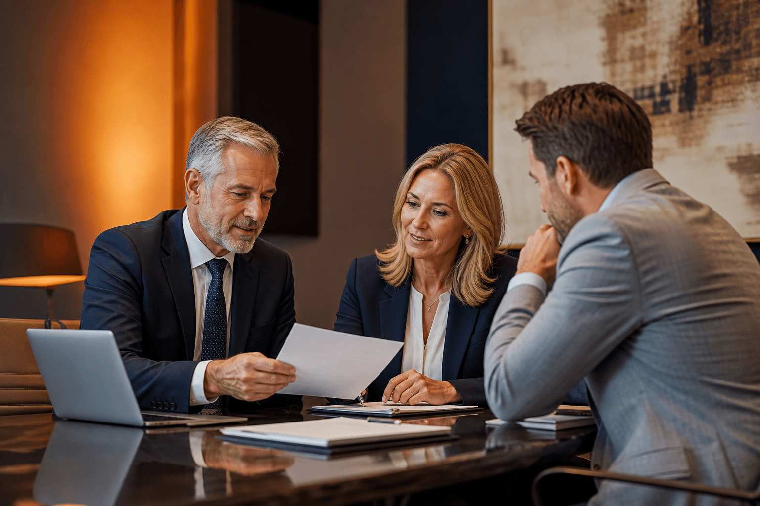 Consultants reviewing compliance documents with a client