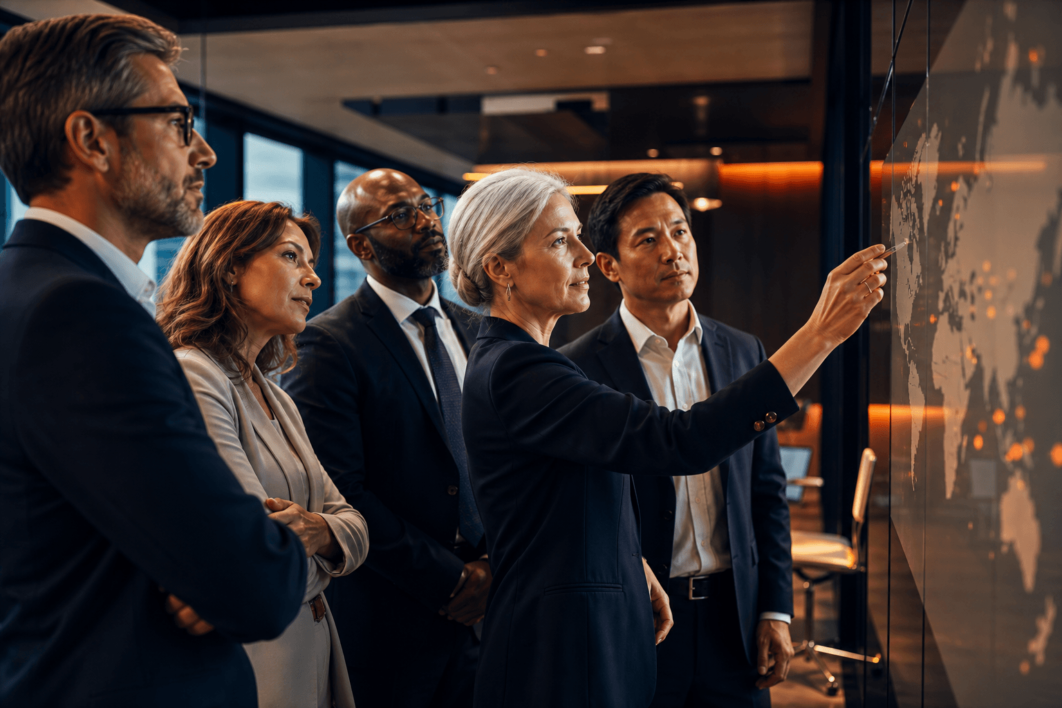 Executive team reviewing a governance strategy map in a boardroom